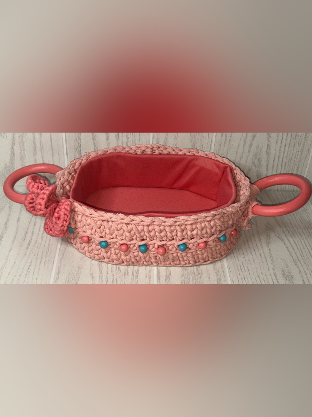 Handmade Crochet  Basket Gift Basket Pink Floral Baby Girl Baby Shower Beaded